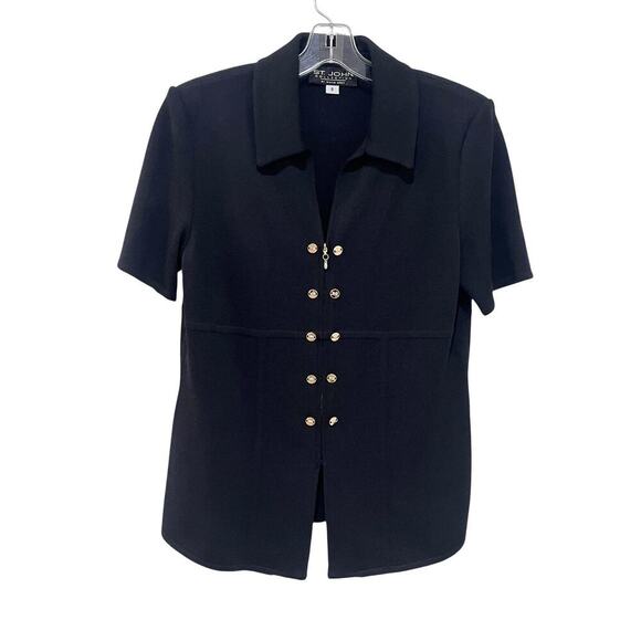St John Collection Jacket Womens 8 Black Knit Short Sleeve Zip Gold Buttons